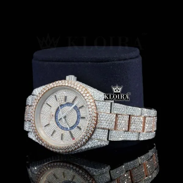 Dual Time Dial Stick Markers Two Tone Bust Down Moissanite Watch Left Profile View