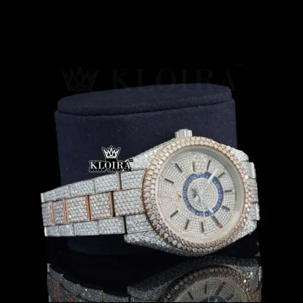 Dual Time Dial Stick Markers Two Tone Bust Down Moissanite Watch Right Profile View