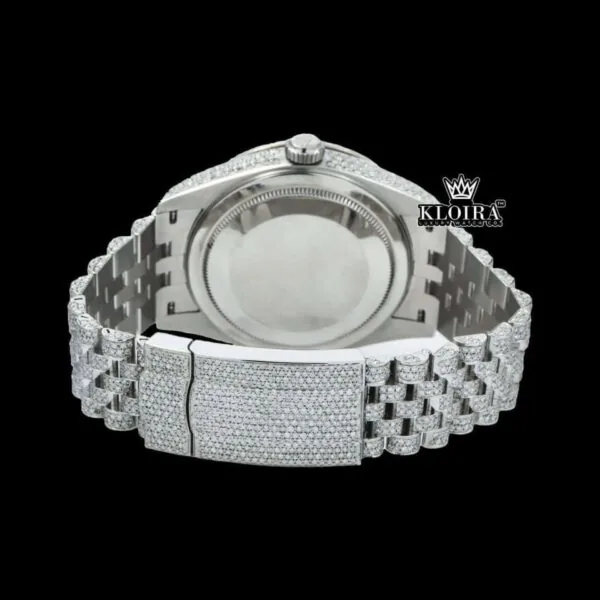 Dual Time Roman Numerals White Dial Iced Out Moissanite Diamond Watch Caseback View