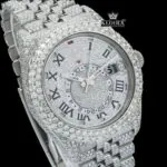 Dual Time Roman Numerals White Dial Iced Out Moissanite Diamond Watch Close Up Dial View