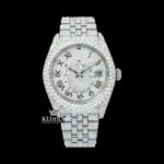 Dual Time Roman Numerals White Dial Iced Out Moissanite Diamond Watch Front View