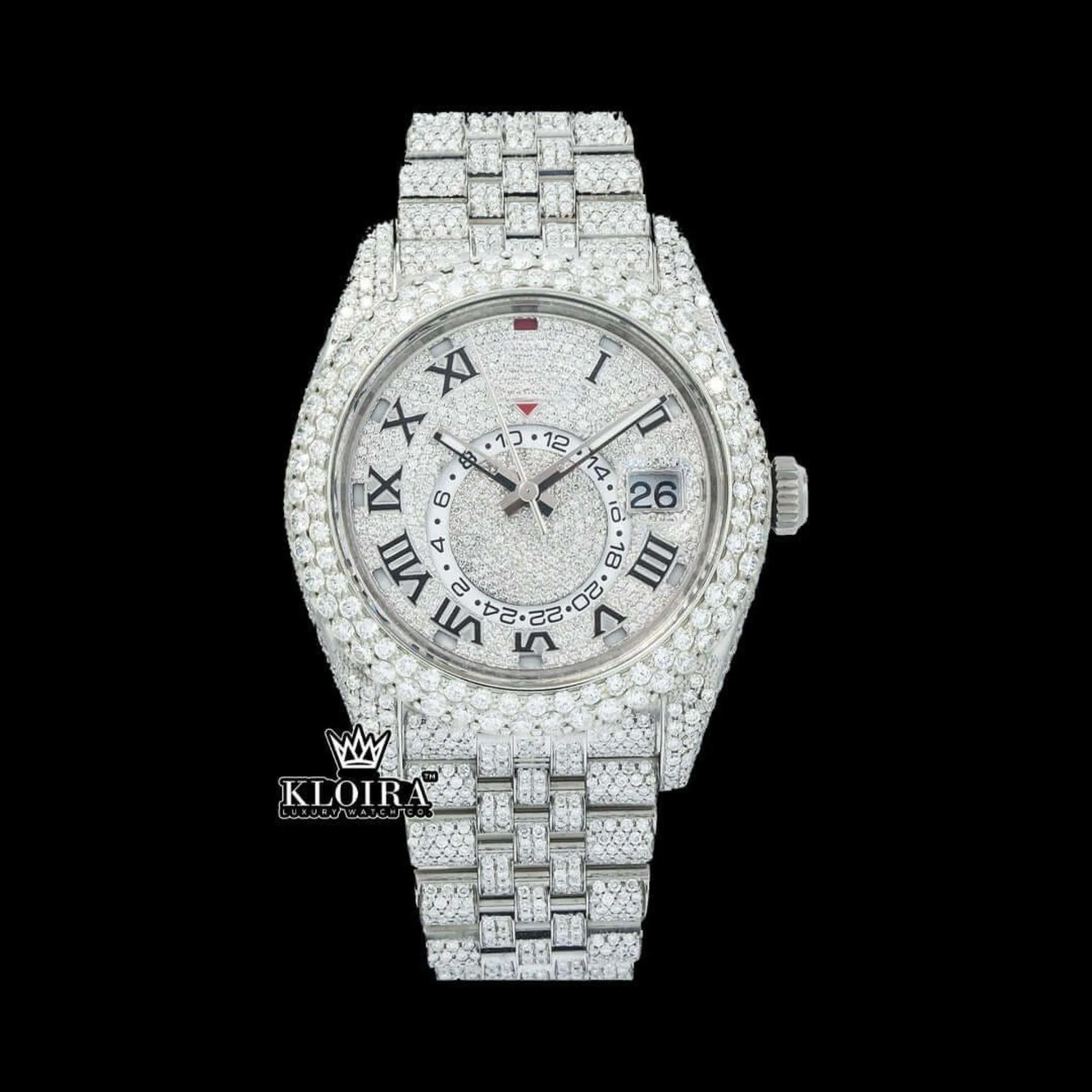 Dual Time Roman Numerals White Dial Iced Out Moissanite Diamond Watch Front View