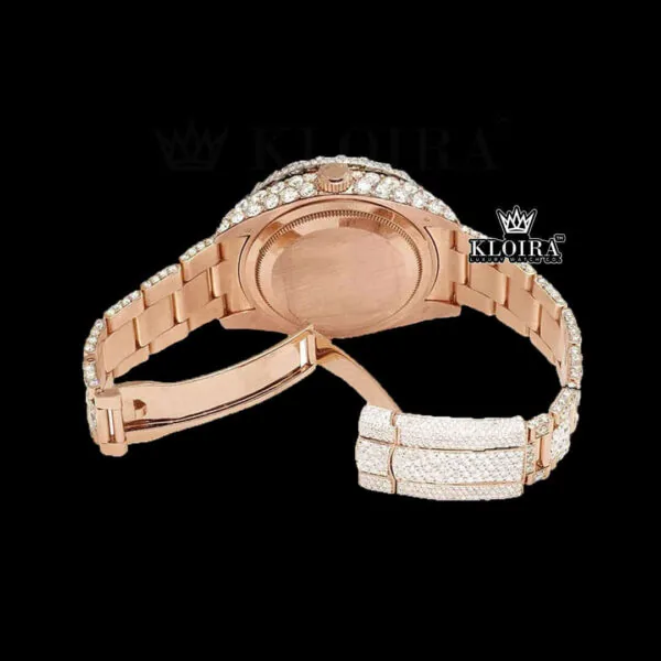 Dual Time Sticek Markers Dial Diamond Bedzel Rose Gold Moissanite Watch Caseback View