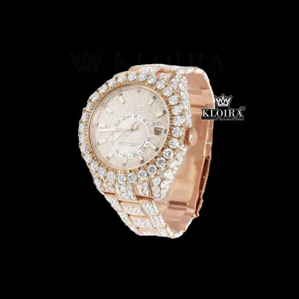 Dual Time Sticek Markers Dial Diamond Bedzel Rose Gold Moissanite Watch Close Up Dial View