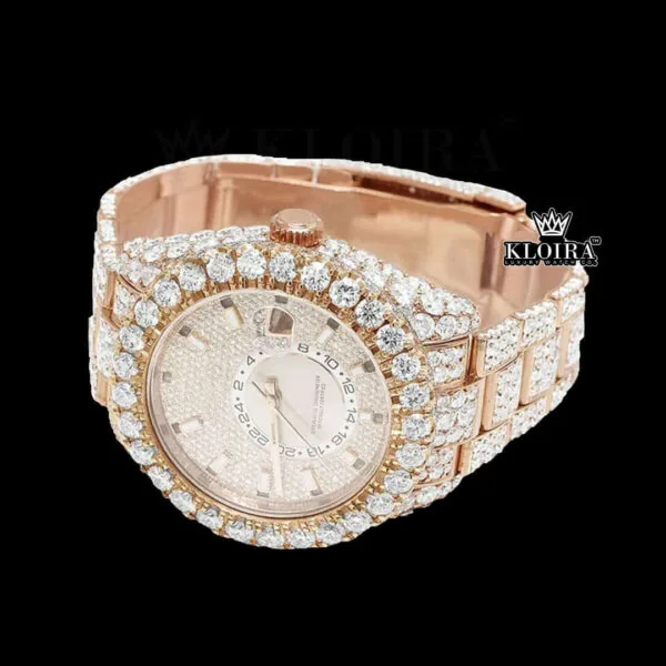 Dual Time Sticek Markers Dial Diamond Bedzel Rose Gold Moissanite Watch Left Profile View