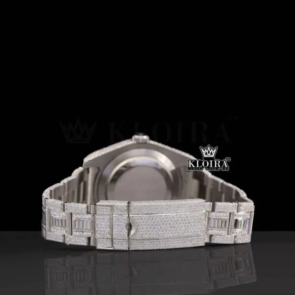 Dual Time White Dial Stick Markers Fully Iced Out Moissanite Watch Caseback View