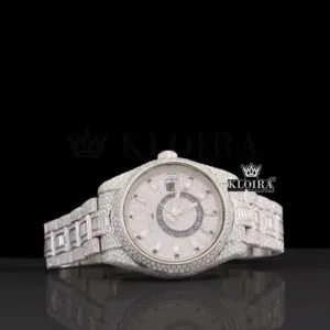 Dual Time White Dial Stick Markers Fully Iced Out Moissanite Watch
