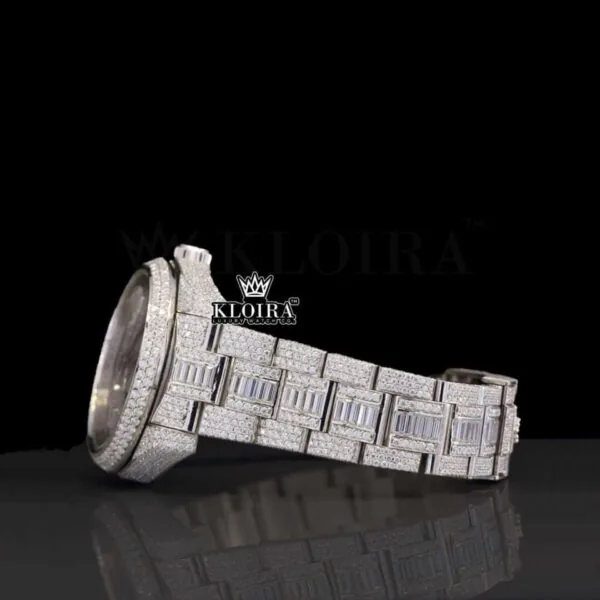 Dual Time White Dial Stick Markers Fully Iced Out Moissanite Watch Left Side View