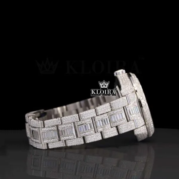 Dual Time White Dial Stick Markers Fully Iced Out Moissanite Watch Right Side View