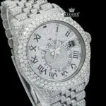 Dual Time White Roman Dial Diamond Link Strap Iced Out Moissanite Watch Close Up Dial View