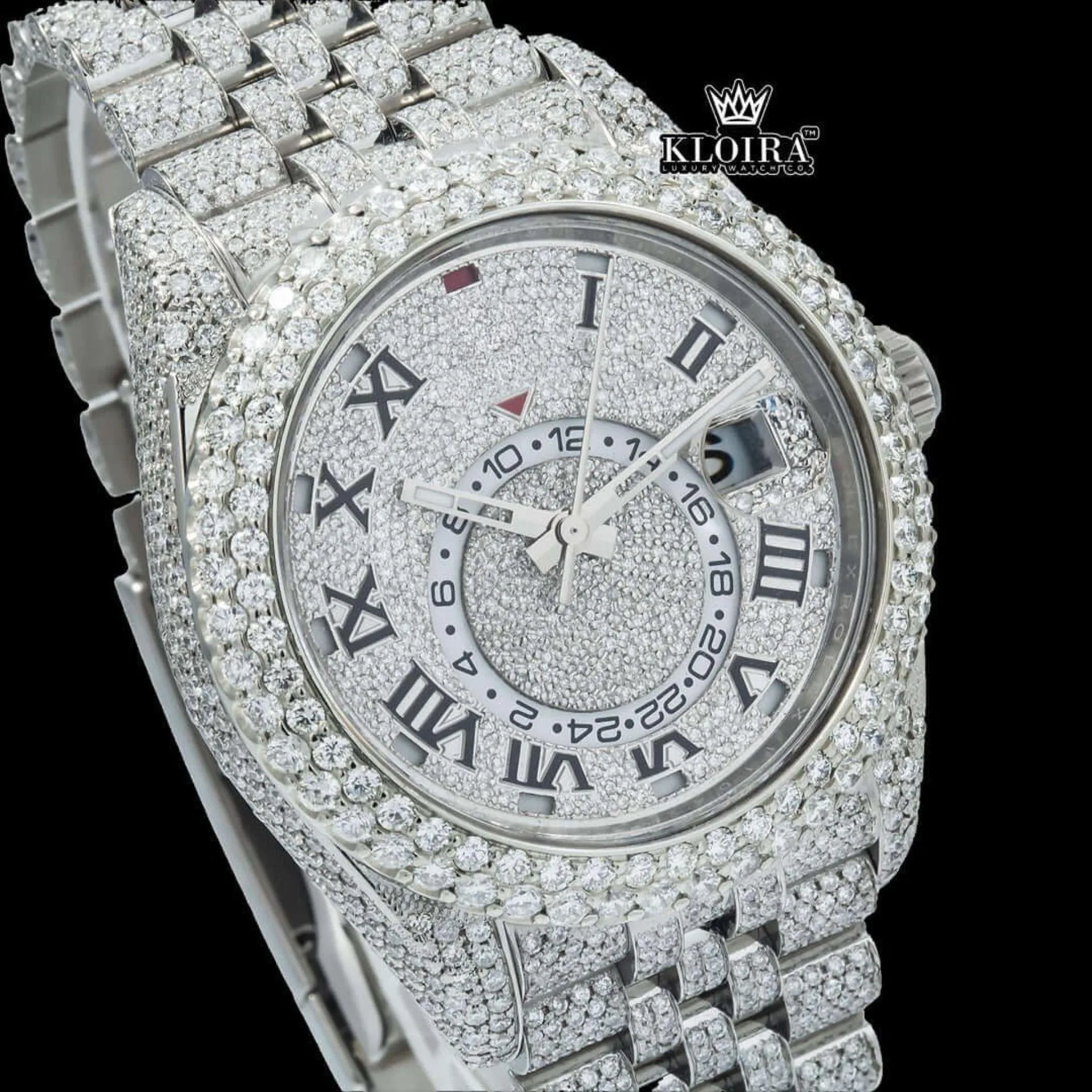 Dual Time White Roman Dial Diamond Link Strap Iced Out Moissanite Watch Close Up Dial View