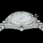 Dual Time White Roman Dial Diamond Link Strap Iced Out Moissanite Watch Crown View