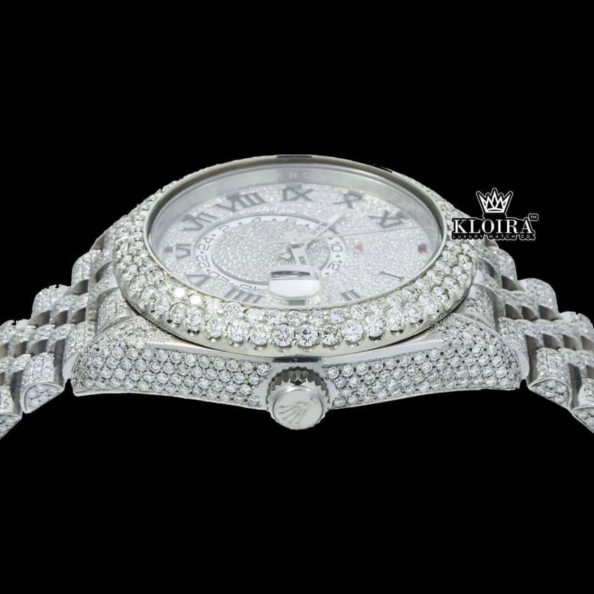 Dual Time White Roman Dial Diamond Link Strap Iced Out Moissanite Watch Crown View