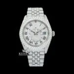Dual Time White Roman Dial Diamond Link Strap Iced Out Moissanite Watch