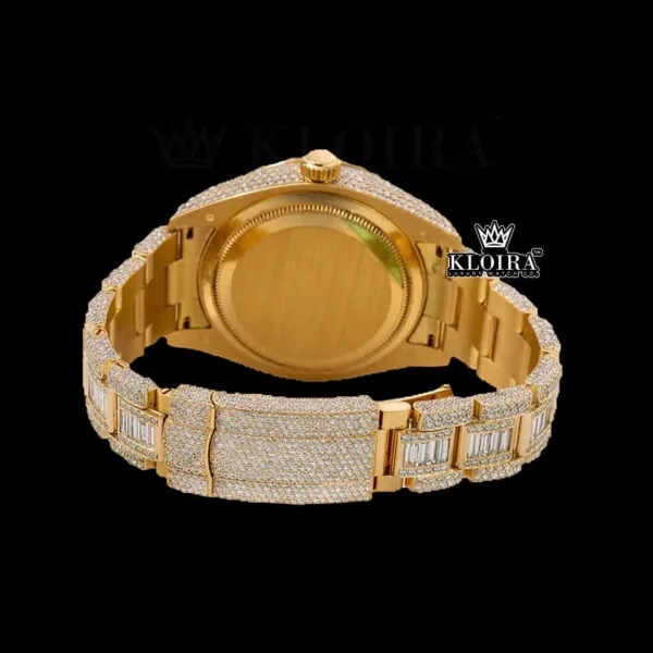 Dual Time Yellow Dial Standard Numerals Yellow Gold Iced Out Moissanite Watch Caseback View