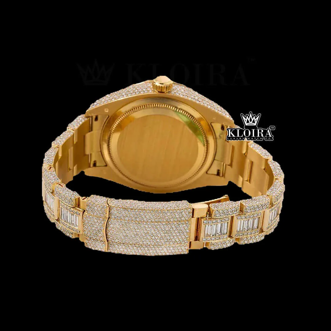 Dual Time Yellow Dial Standard Numerals Yellow Gold Iced Out Moissanite Watch Caseback View
