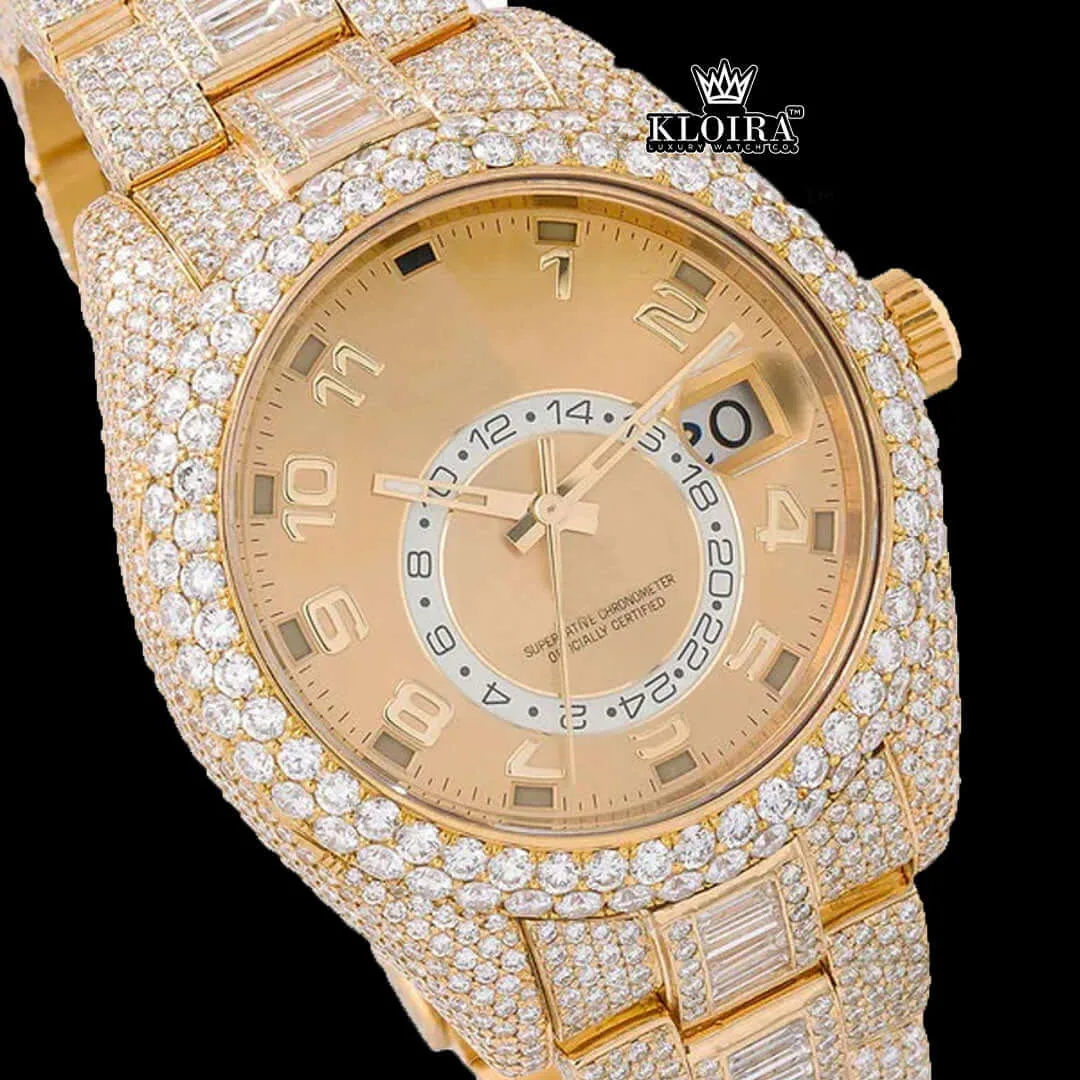 Dual Time Yellow Dial Standard Numerals Yellow Gold Iced Out Moissanite Watch Close Up Dial View