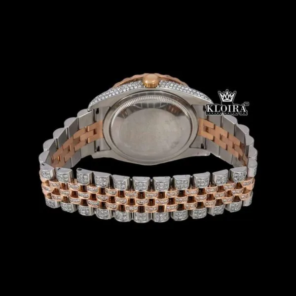 Dual Tone Rose Gold Dial Red Arabic Numerals Iced Out Moissanite Watch Caseback View
