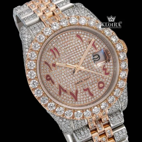 Dual Tone Rose Gold Dial Red Arabic Numerals Iced Out Moissanite Watch Close Up Dial View