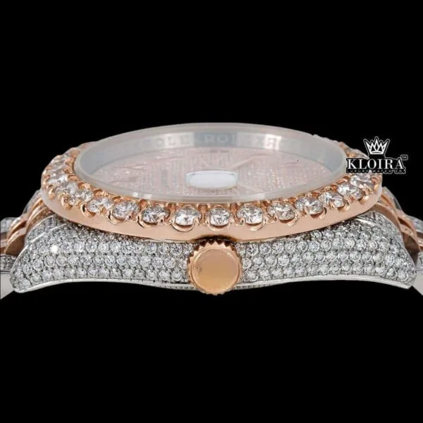 Dual Tone Rose Gold Dial Red Arabic Numerals Iced Out Moissanite Watch Crown View