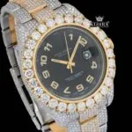 Dual-Tone Standard Numerals Black Dial Moissanite Diamond Watch Close Up Dial View