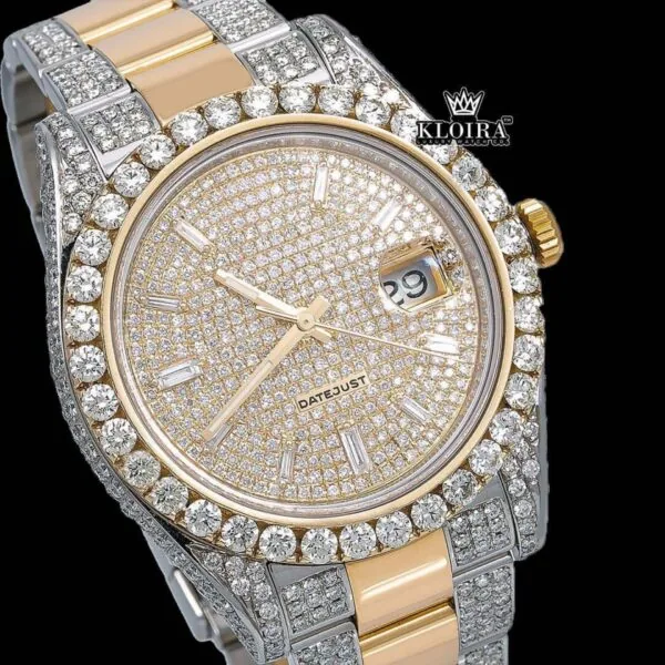 Dual Tone Yellow Dial Fully Iced Out Moissanite Diamond Watch Close Up Dial View