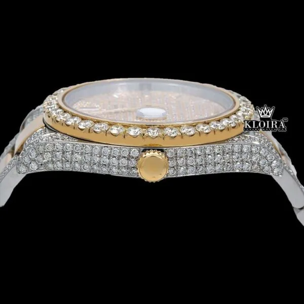 Dual Tone Yellow Dial Fully Iced Out Moissanite Diamond Watch Crown View