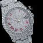 Full Bust Down Red Roman Numerals Moissanite Diamond Watch Close Up Dial View