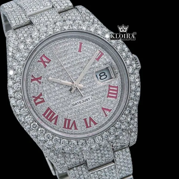 Full Bust Down Red Roman Numerals Moissanite Diamond Watch Close Up Dial View