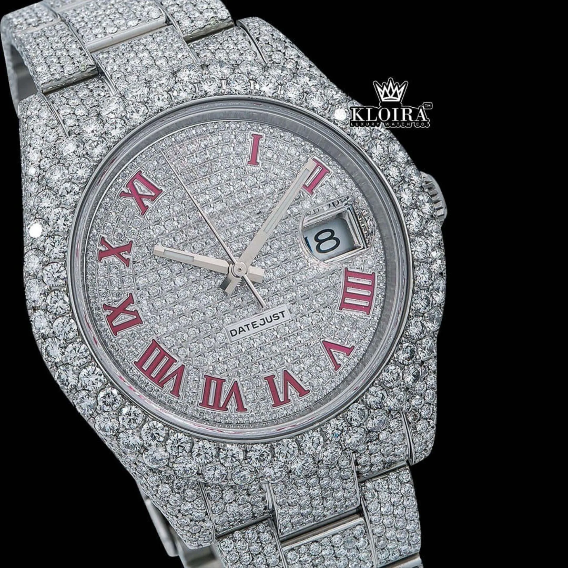Full Bust Down Red Roman Numerals Moissanite Diamond Watch Close Up Dial View