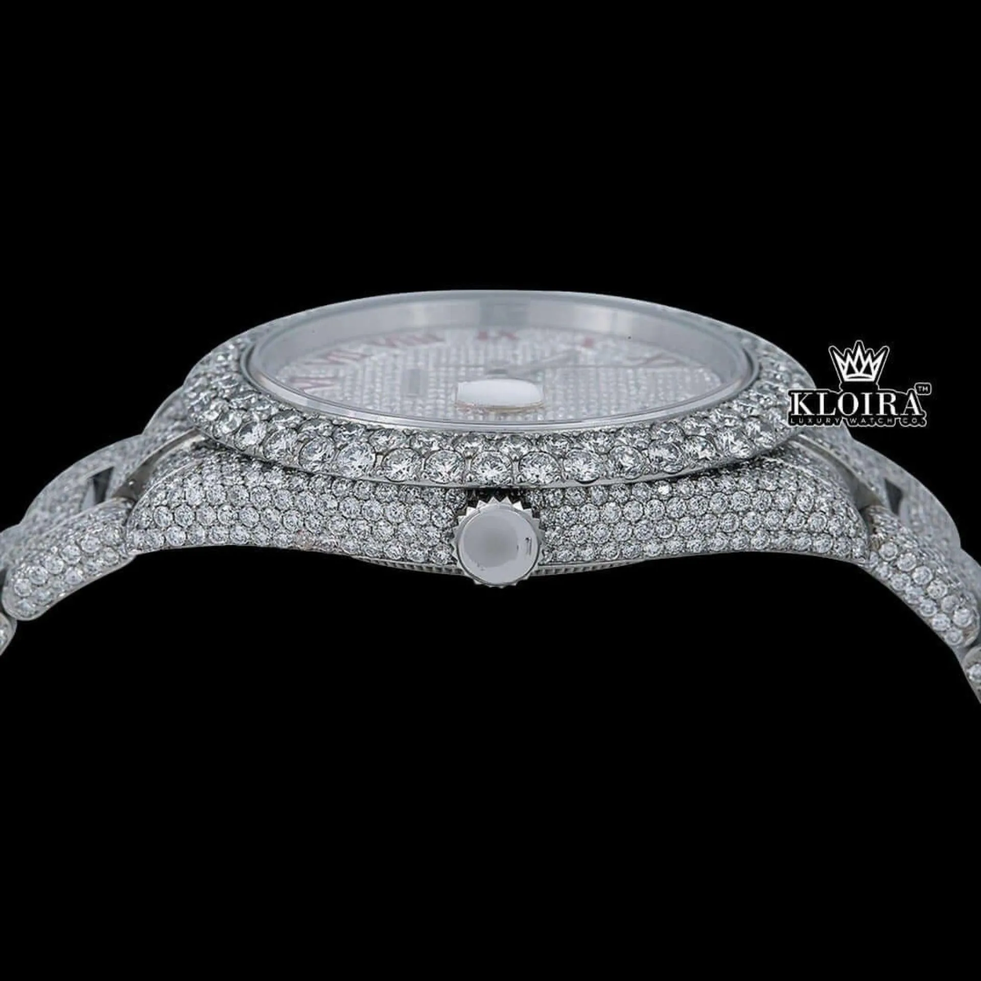 Full Bust Down Red Roman Numerals Moissanite Diamond Watch Crown View