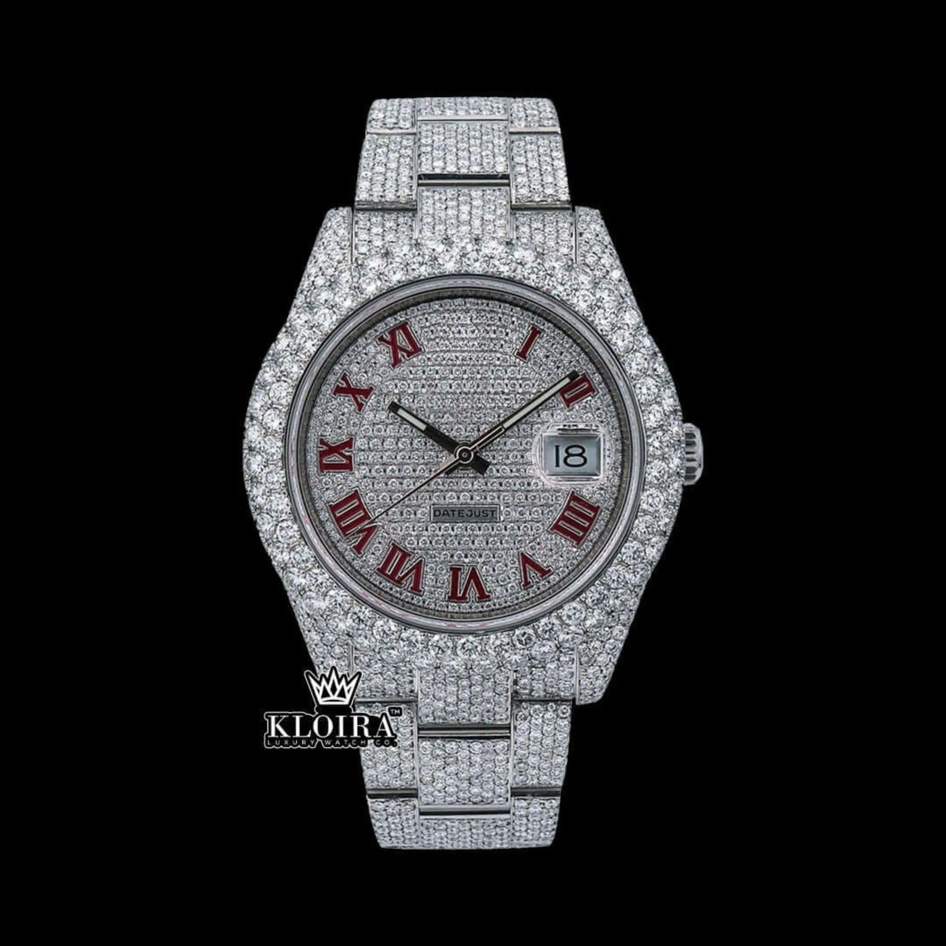 Full Bust Down Red Roman Numerals Moissanite Diamond Watch Front View