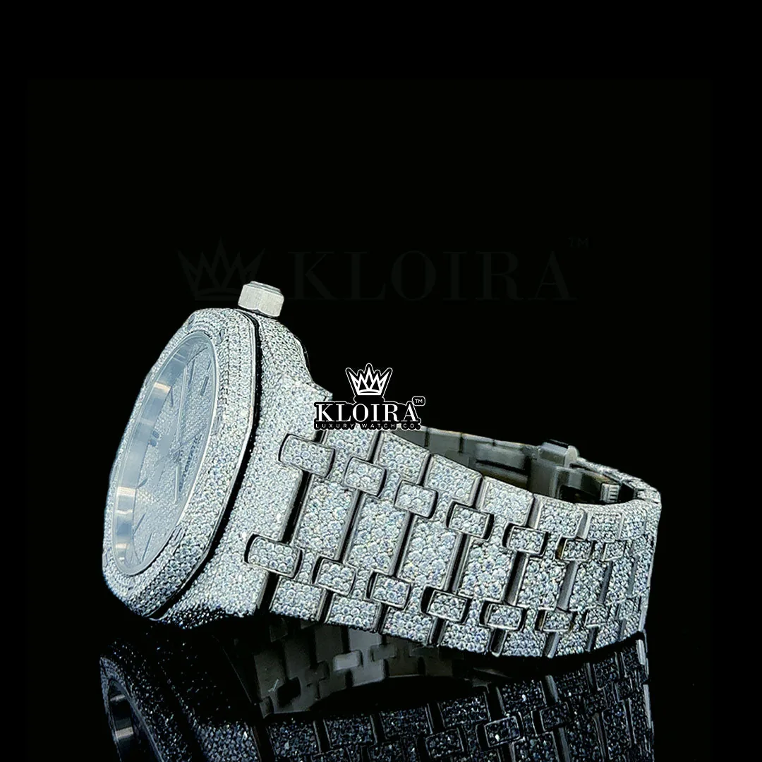 Full Iced Out Silver AP Inspired Moissanite Diamond Watch 14K Gold VVS 41mm Left Side View