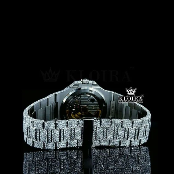 Full Iced Out White Dial Diamond Markers Moissanite Diamond Watch Caseback View