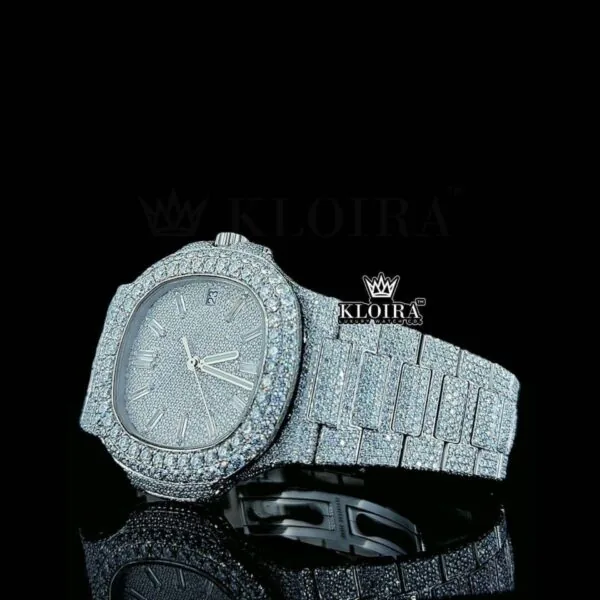 Full Iced Out White Dial Diamond Markers Moissanite Diamond Watch Left Profile View