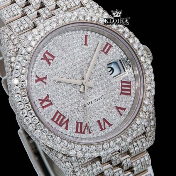 Fullly Iced Out White Dial Red Roman Numerals Moissanite Diamond Watch Close Up Dial View