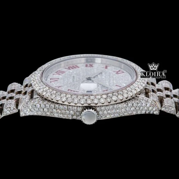 Fullly Iced Out White Dial Red Roman Numerals Moissanite Diamond Watch Crown View