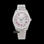 Fully Iced Out White Dial Red Roman Numerals Moissanite Diamond Watch