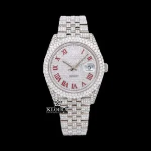 Fully Iced Out White Dial Red Roman Numerals Moissanite Diamond Watch