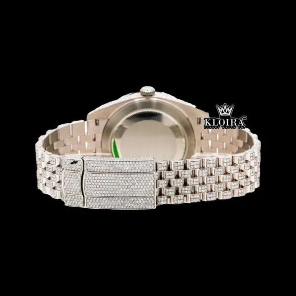 Fully Bust Down White Dial Black Roman Numerals Moissanite Diamond Watch Caseback View