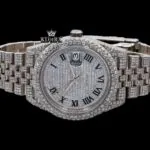 Fully Bust Down White Dial Black Roman Numerals Moissanite Diamond Watch Close Up Front View