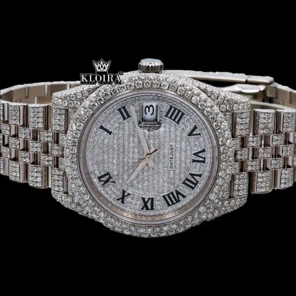 Fully Bust Down White Dial Black Roman Numerals Moissanite Diamond Watch Close Up Front View