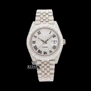Fully Bust Down White Dial Black Roman Numerals Moissanite Diamond Watch