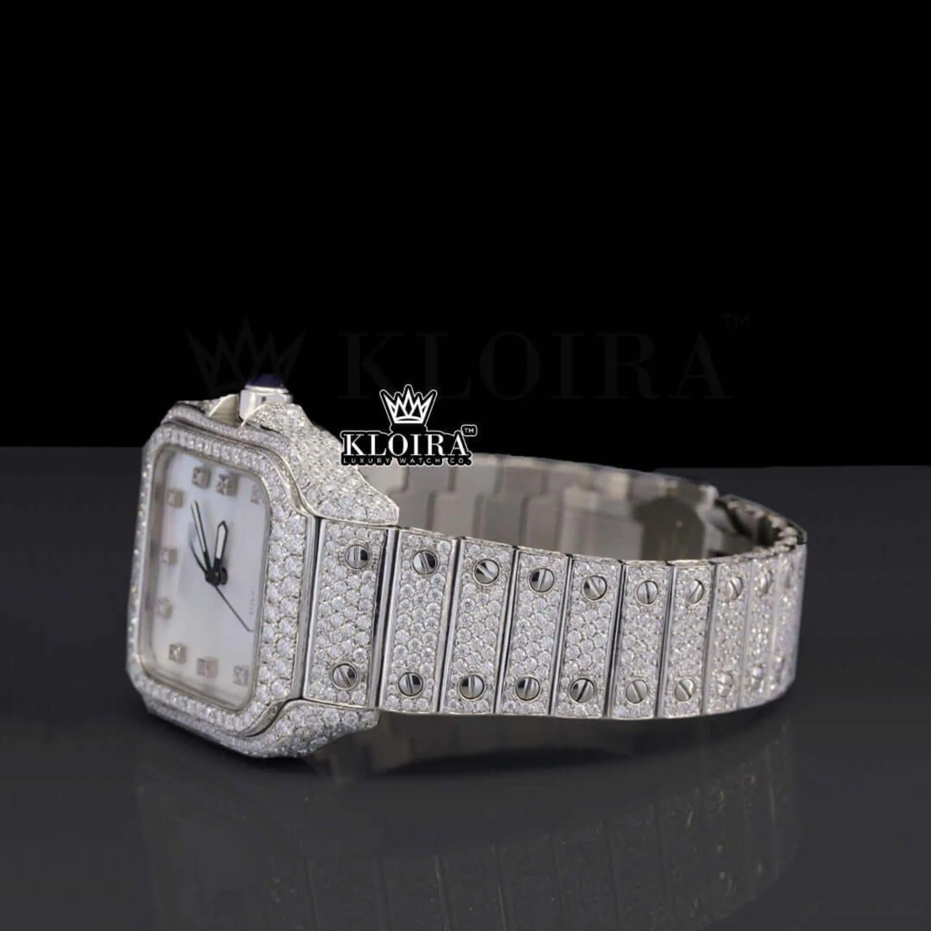 Fully Bust Down White Dial Diamond Markers Moissanite Diamond Watch Left Profile View
