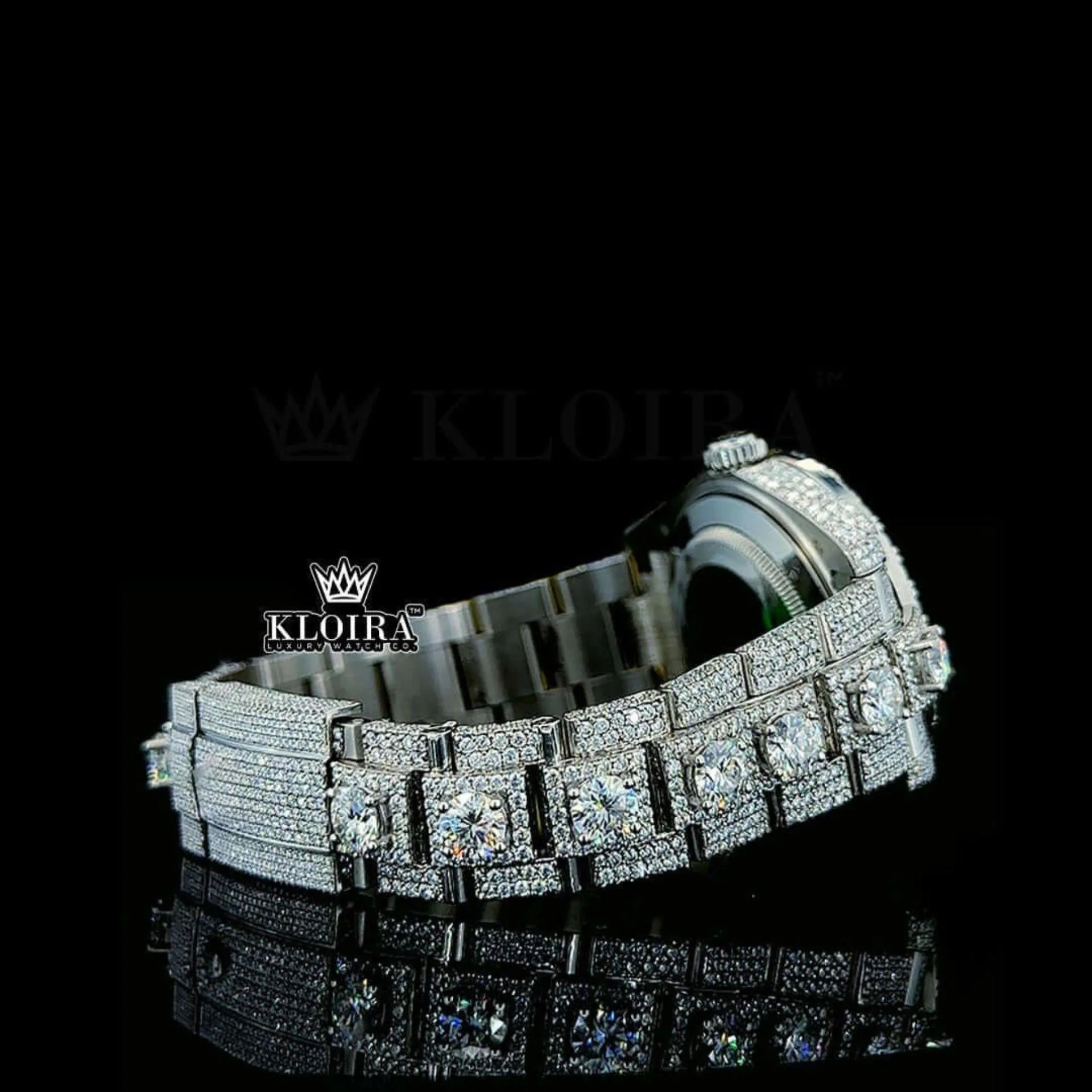 Fully Bust Down White Dial Stick Markers Moissanite Diamond Watch Close Right Side View