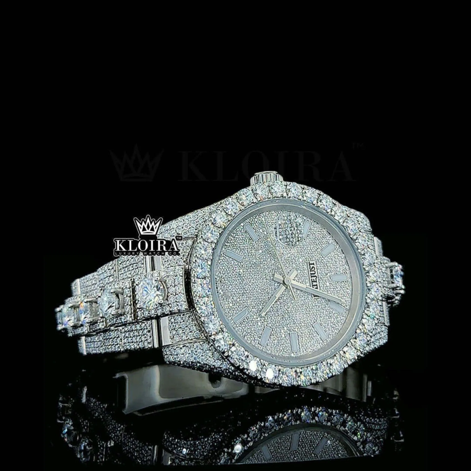 Fully Bust Down White Dial Stick Markers Moissanite Diamond Watch Close Up Dial View