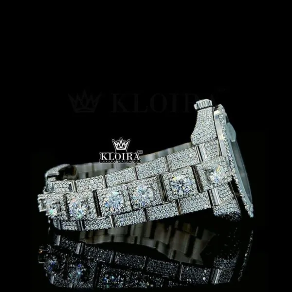 Fully Bust Down White Dial Stick Markers Moissanite Diamond Watch Right Side View