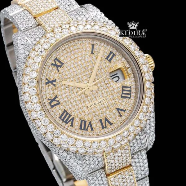 Fully Bust Down Yellow Dial Roman Numeral Moissanite Watch Close Up Dial View