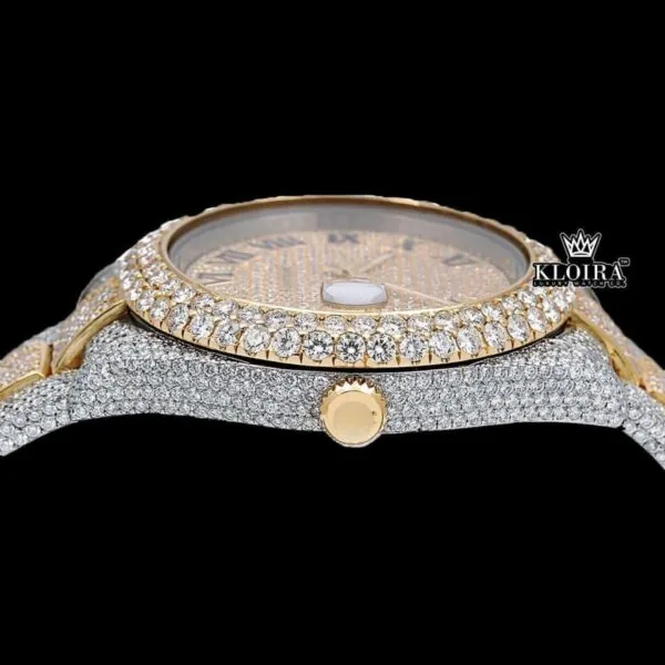 Fully Bust Down Yellow Dial Roman Numeral Moissanite Watch Crown View