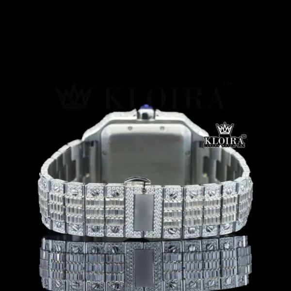 Fully Iced Baguette White Dial Roman Numerals Moissanite Diamond Watch Caseback View